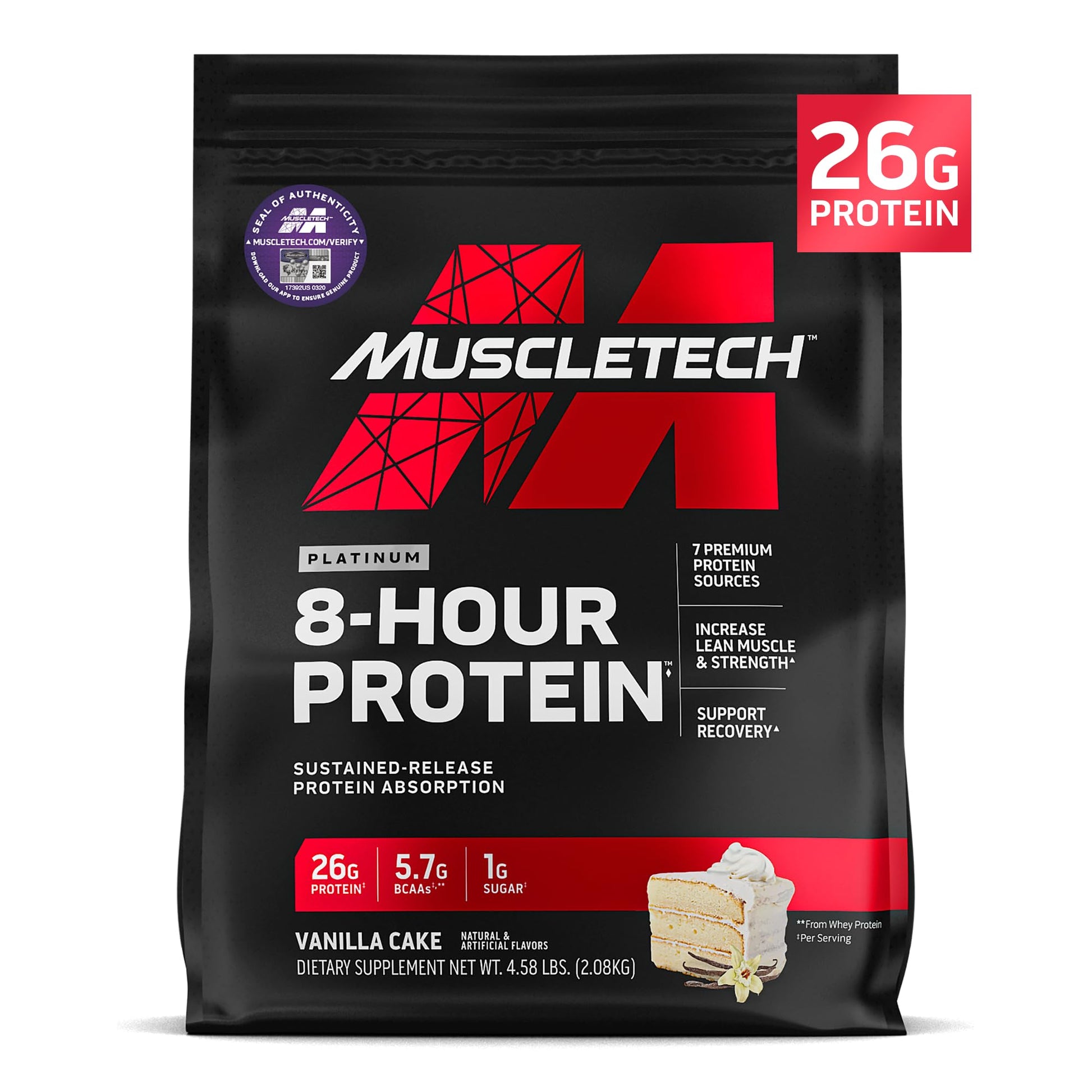 MuscleTech Platinum 8-Hour Protein Powder - 7 Premium Protein Sources with Whey & Casein Protein for Increased Lean Muscle, Strength & Improved Recovery - Milk Chocolate, 50 Servings