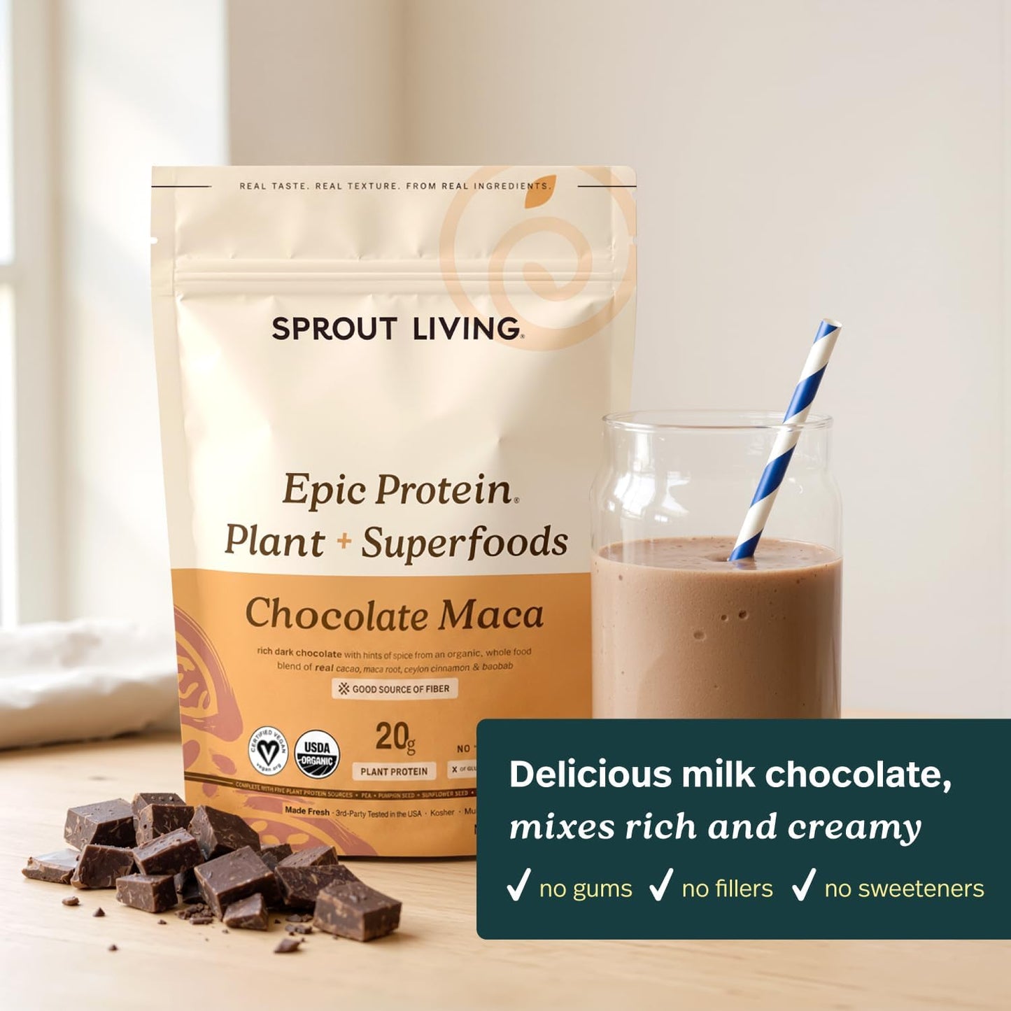 Sprout Living Epic Protein, Plant Based Protein & Superfoods Powder, Chocolate Maca Powder | 20 Grams Organic Protein Powder, Vegan, Non Dairy, Non-GMO, Gluten Free, Low Sugar (1 Pound, 12 Servings)