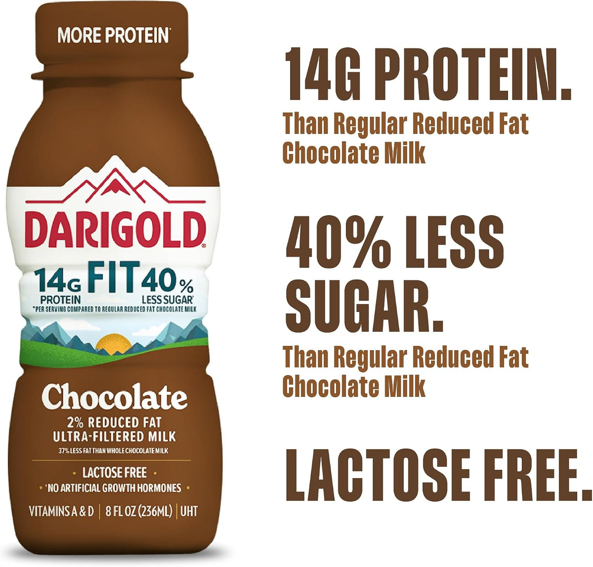 DARIGOLD FIT - Ultra-Filtered, Low Fat, Lactose Free Chocolate Milk - 14g Protein, 40% Less Sugar - 8oz Bottles, 18 Pack