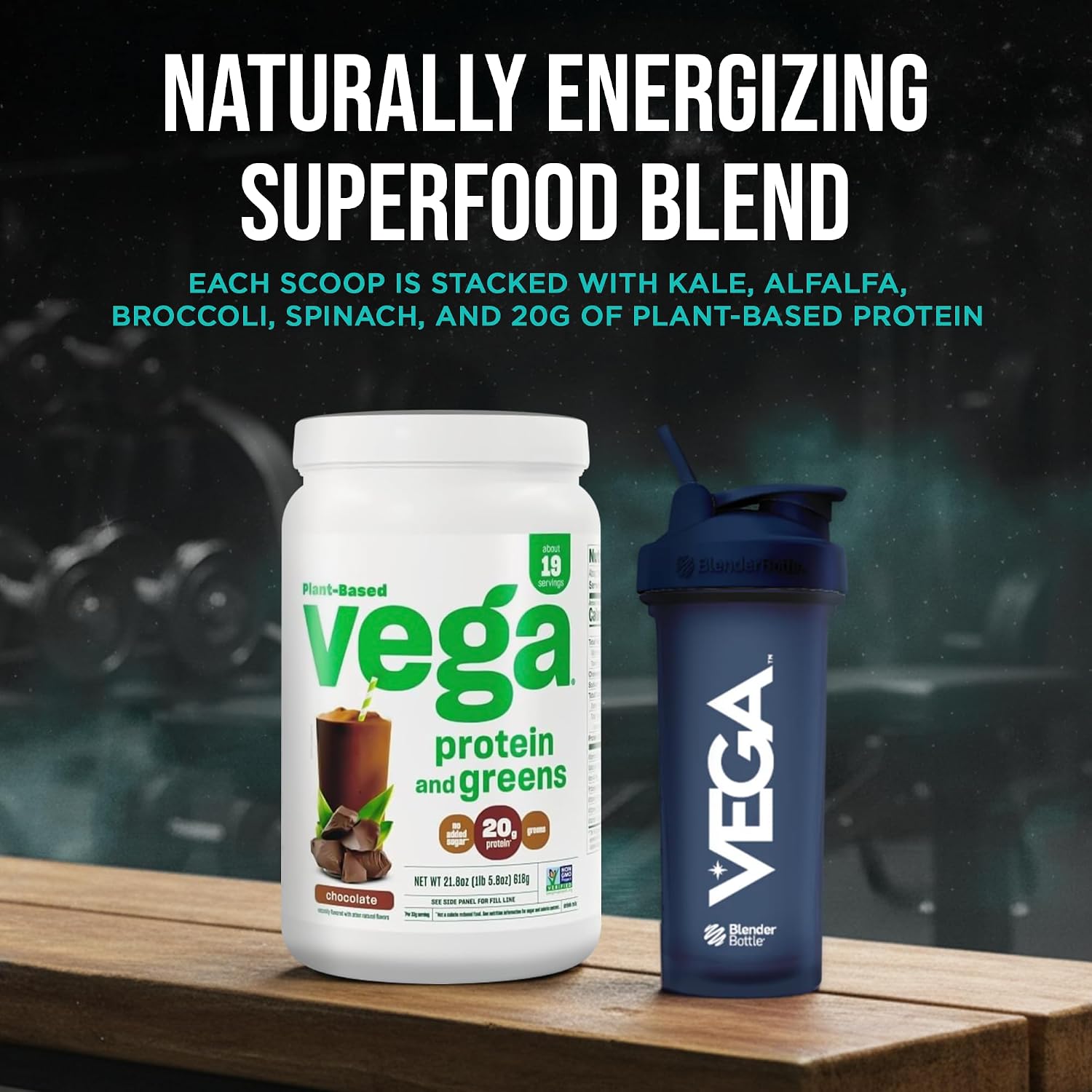 Vega Premium Protein + Supergreens, Chocolate – 20g Vegan Protein, Dairy & Gluten Free, 22.4 oz (19 Servings)