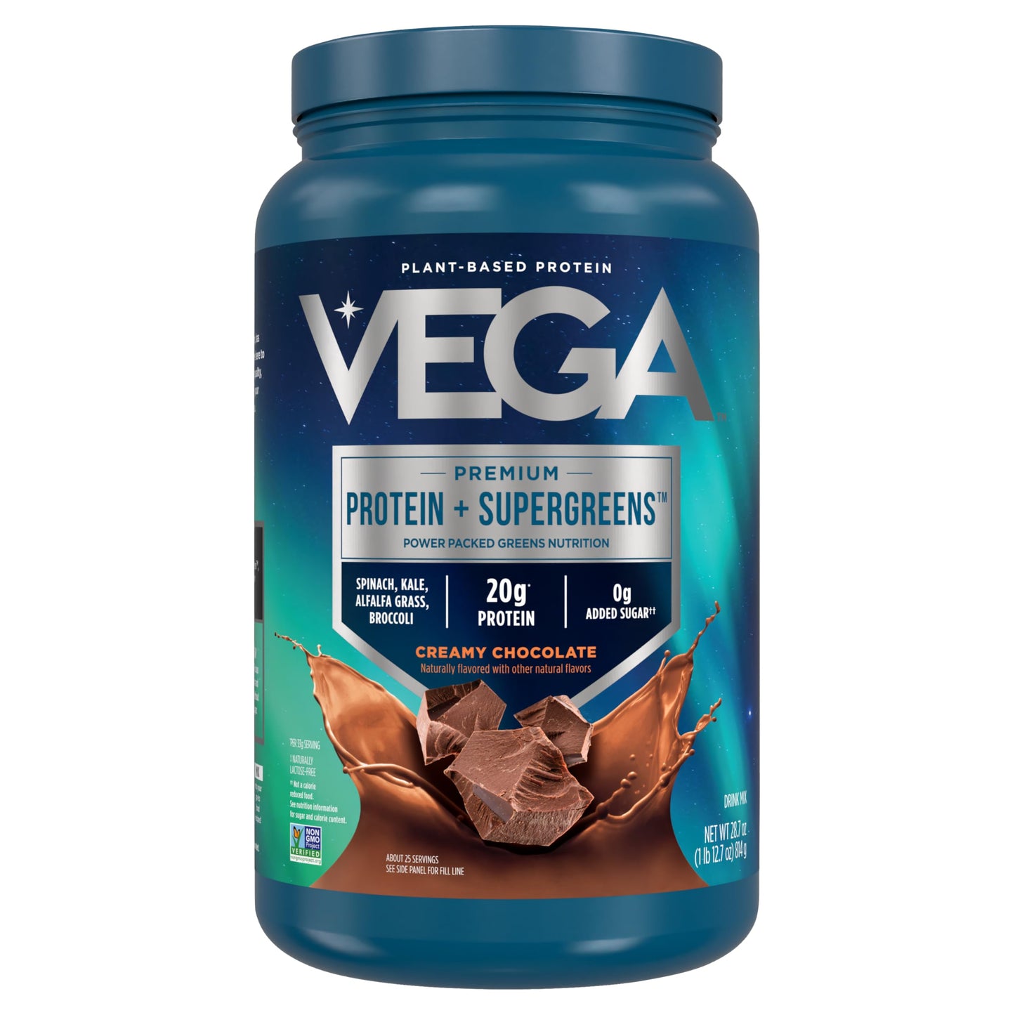 Vega Premium Protein + Supergreens, Chocolate – 20g Vegan Protein, Dairy & Gluten Free, 22.4 oz (19 Servings)
