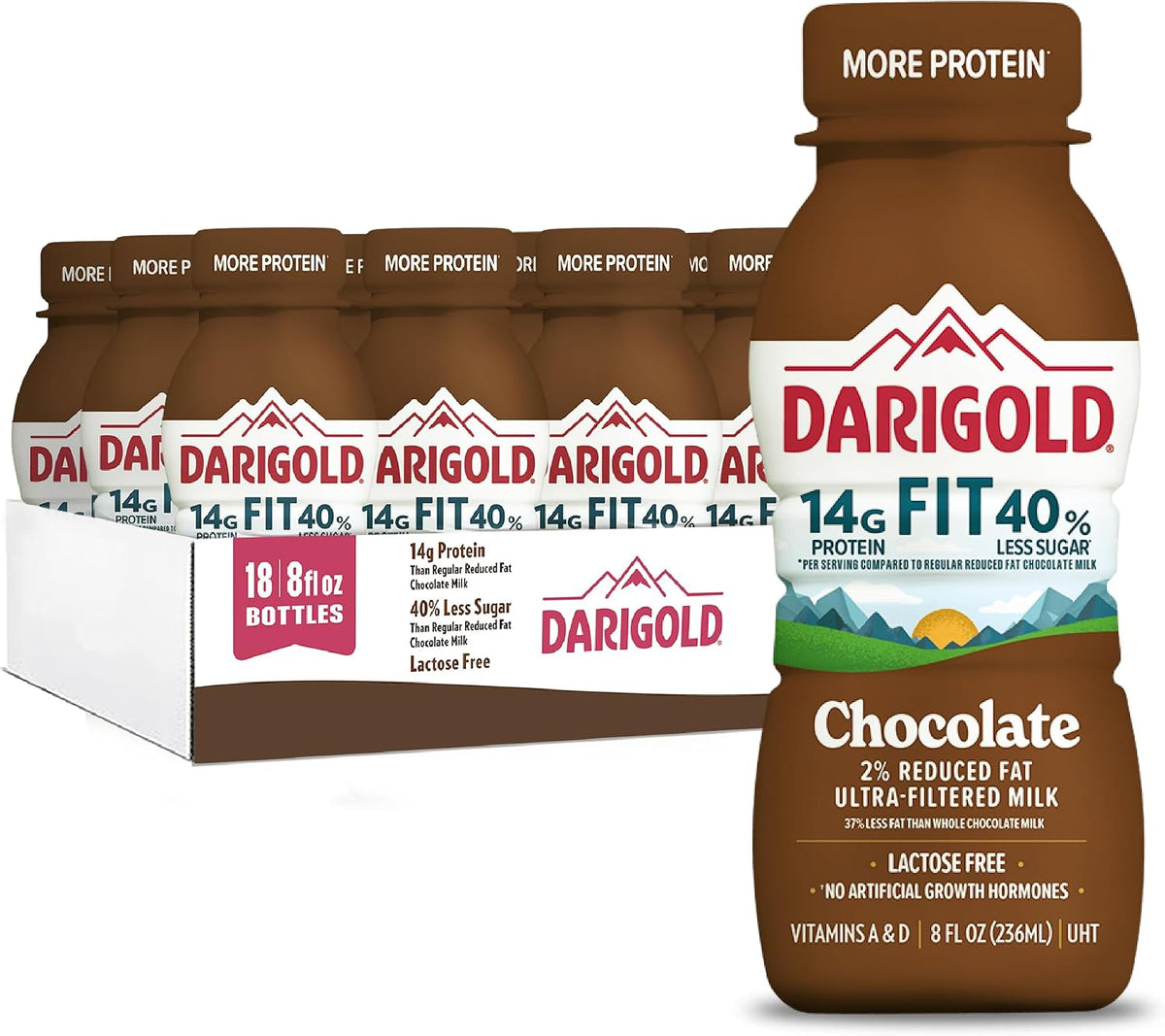 DARIGOLD FIT - Ultra-Filtered, Low Fat, Lactose Free Chocolate Milk - 14g Protein, 40% Less Sugar - 8oz Bottles, 18 Pack