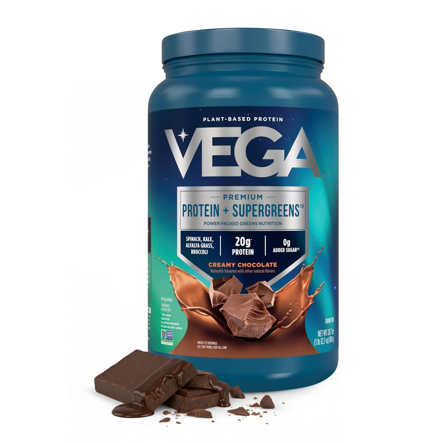 Vega Premium Protein + Supergreens, Chocolate – 20g Vegan Protein, Dairy & Gluten Free, 22.4 oz (19 Servings)
