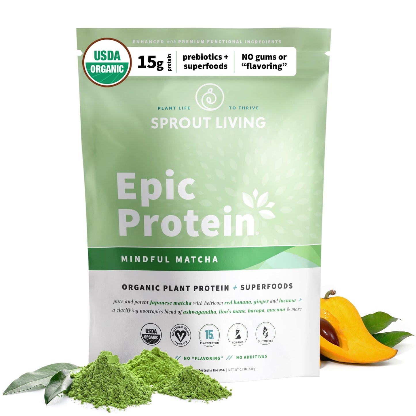 Sprout Living Epic Protein, Plant Based Protein & Superfoods Powder, Chocolate Maca Powder | 20 Grams Organic Protein Powder, Vegan, Non Dairy, Non-GMO, Gluten Free, Low Sugar (1 Pound, 12 Servings)