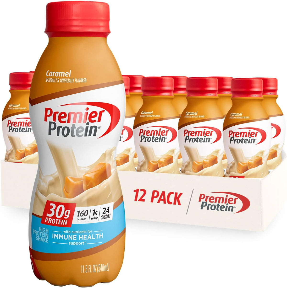 Premier Protein Shake, Café Latte & Caramel, 30g Protein, 1g Sugar, 24 Vitamins & Minerals, 12 Pack Bundle