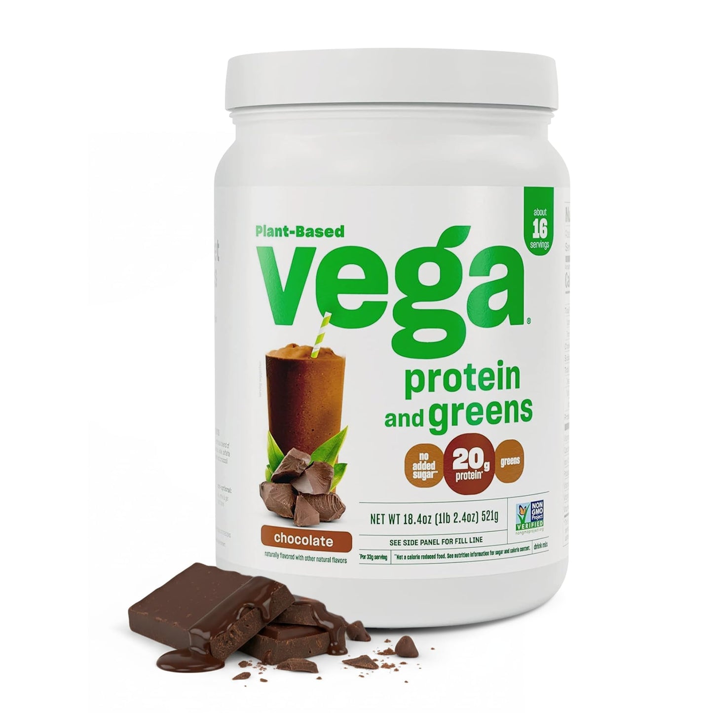 Vega Premium Protein + Supergreens, Chocolate – 20g Vegan Protein, Dairy & Gluten Free, 22.4 oz (19 Servings)