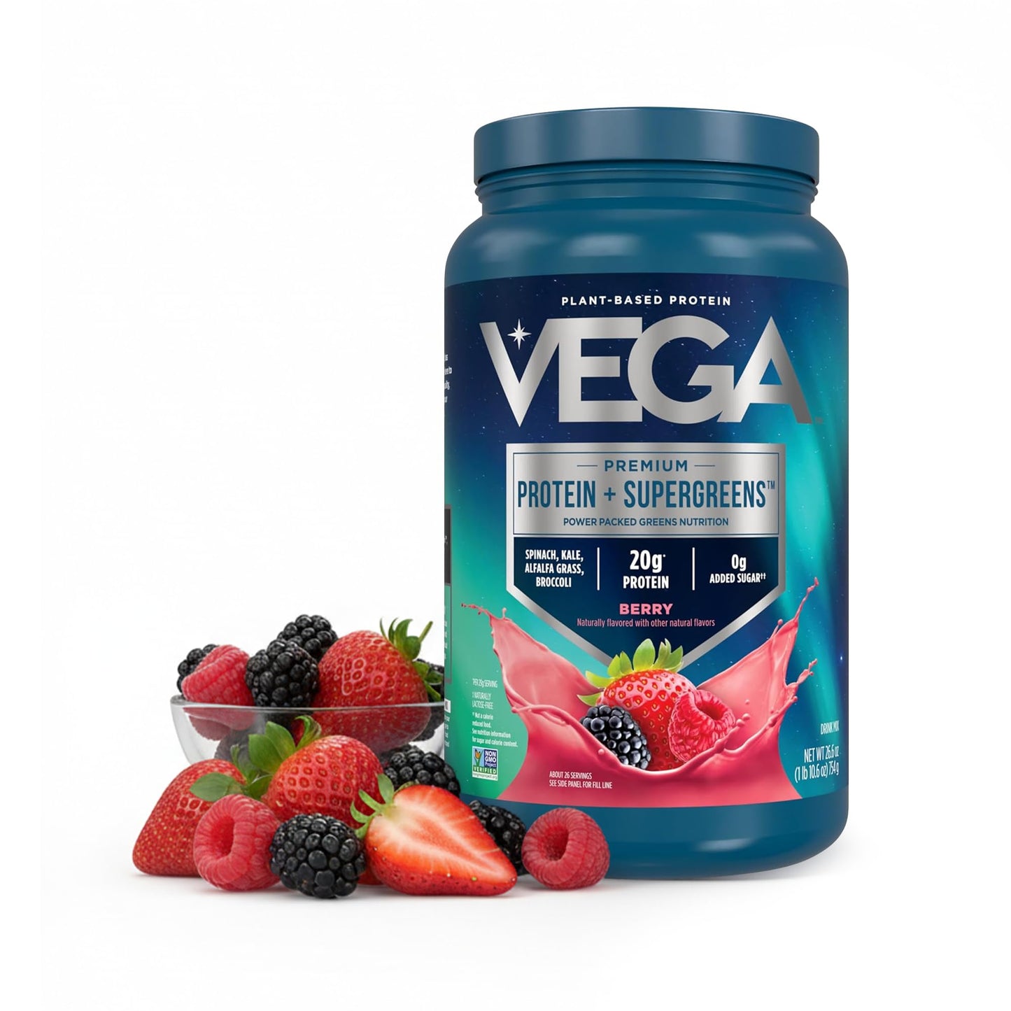Vega Premium Protein + Supergreens, Chocolate – 20g Vegan Protein, Dairy & Gluten Free, 22.4 oz (19 Servings)
