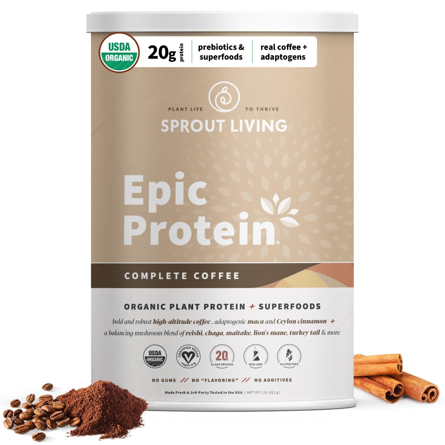 Sprout Living Epic Protein, Plant Based Protein & Superfoods Powder, Chocolate Maca Powder | 20 Grams Organic Protein Powder, Vegan, Non Dairy, Non-GMO, Gluten Free, Low Sugar (1 Pound, 12 Servings)