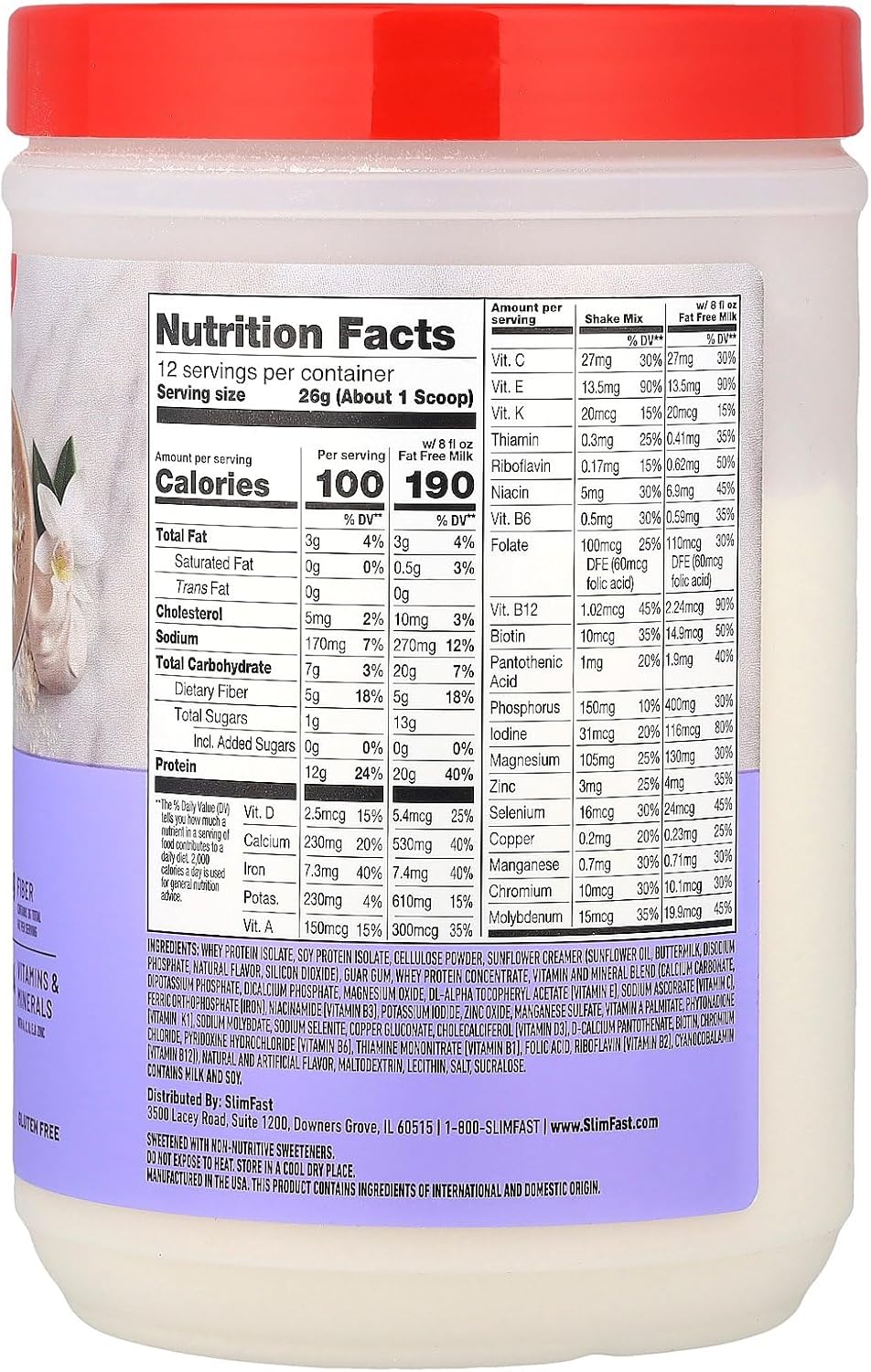 SlimFast Advanced Nutrition High Protein Meal Replacement Smoothie Mix, Vanilla Cream, Weight Loss Powder, 20g of Protein, 12 Servings (Packaging May Vary)
