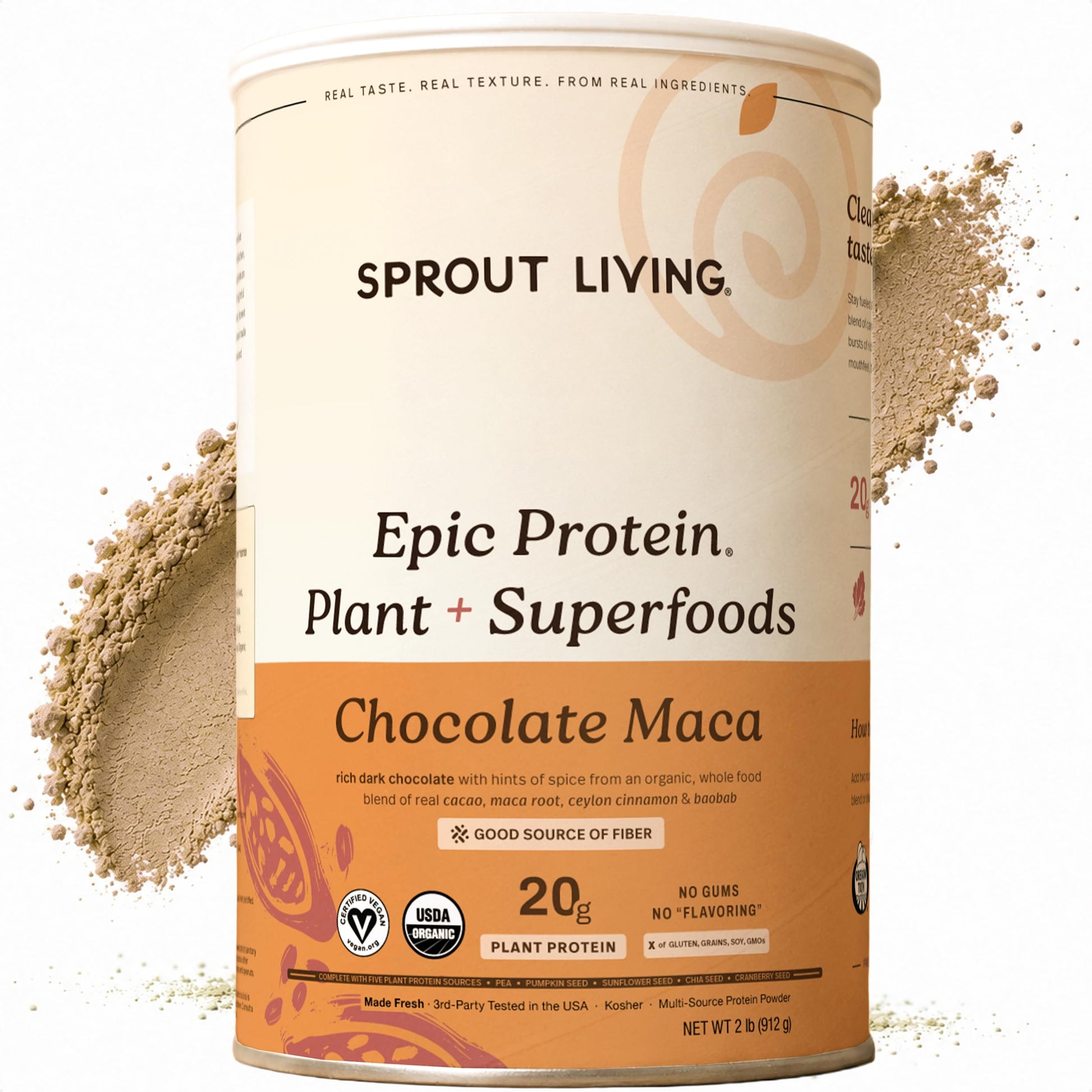 Sprout Living Epic Protein, Plant Based Protein & Superfoods Powder, Chocolate Maca Powder | 20 Grams Organic Protein Powder, Vegan, Non Dairy, Non-GMO, Gluten Free, Low Sugar (1 Pound, 12 Servings)