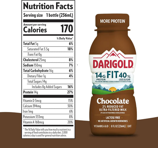 DARIGOLD FIT - Ultra-Filtered, Low Fat, Lactose Free Chocolate Milk - 14g Protein, 40% Less Sugar - 8oz Bottles, 18 Pack