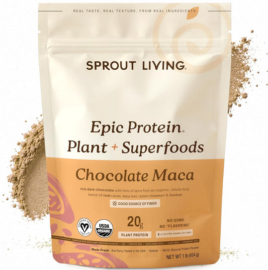 Sprout Living Epic Protein, Plant Based Protein & Superfoods Powder, Chocolate Maca Powder | 20 Grams Organic Protein Powder, Vegan, Non Dairy, Non-GMO, Gluten Free, Low Sugar (1 Pound, 12 Servings)