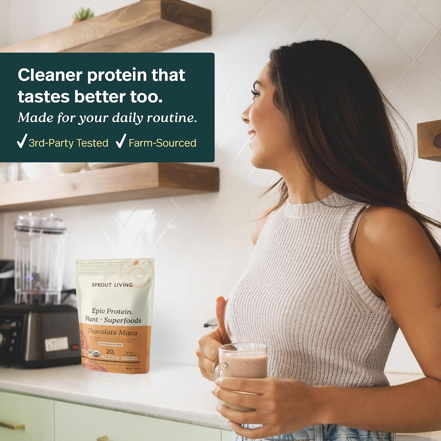 Sprout Living Epic Protein, Plant Based Protein & Superfoods Powder, Chocolate Maca Powder | 20 Grams Organic Protein Powder, Vegan, Non Dairy, Non-GMO, Gluten Free, Low Sugar (1 Pound, 12 Servings)