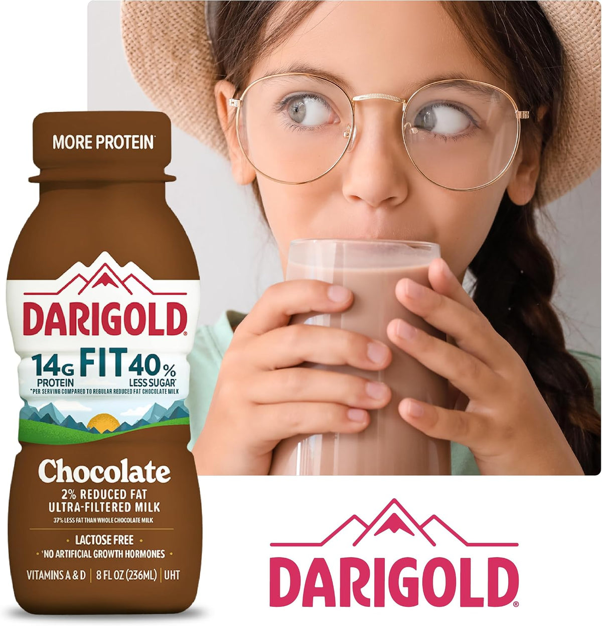 DARIGOLD FIT - Ultra-Filtered, Low Fat, Lactose Free Chocolate Milk - 14g Protein, 40% Less Sugar - 8oz Bottles, 18 Pack